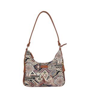 Ladies Geometric Tapestry Fabric Hobo Shoulder Bag | Vegan Leather Purse
